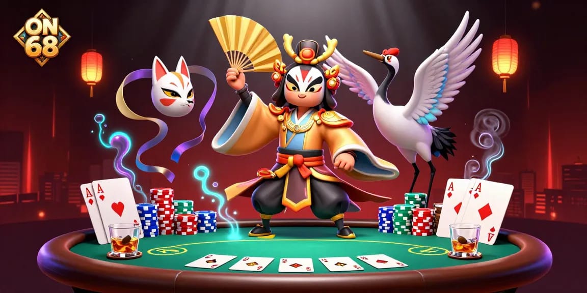 Experience exciting poker action with ON 68's immersive 3D casino scene featuring dynamic characters and game elements.