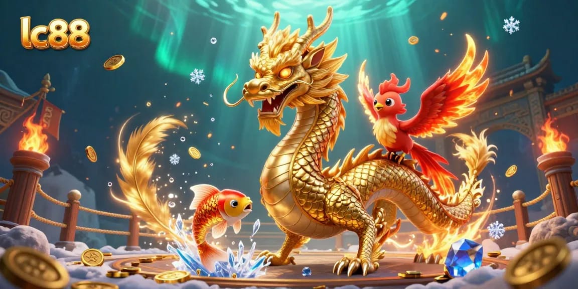Engage with lc88’s vibrant casino scene featuring a majestic dragon and interactive gaming elements.