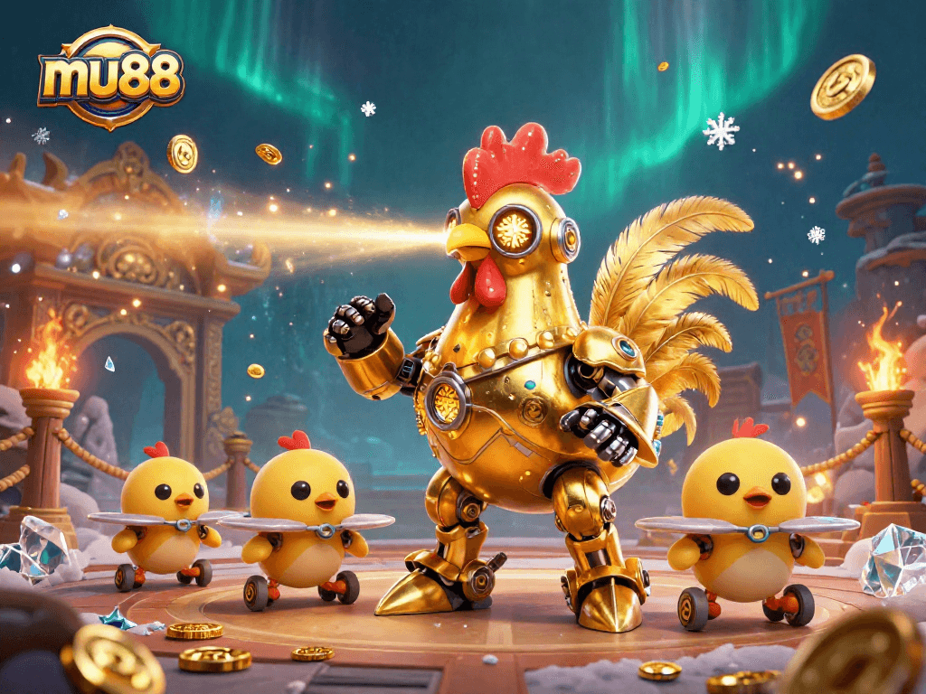 Experience the thrill of mu88 with a dynamic futuristic casino robot scene filled with gold coins.