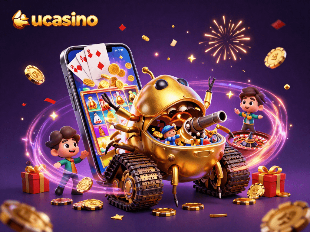Experience excitement at kucasino with a 3D golden beetle tank casino bursting with games and winning moments.