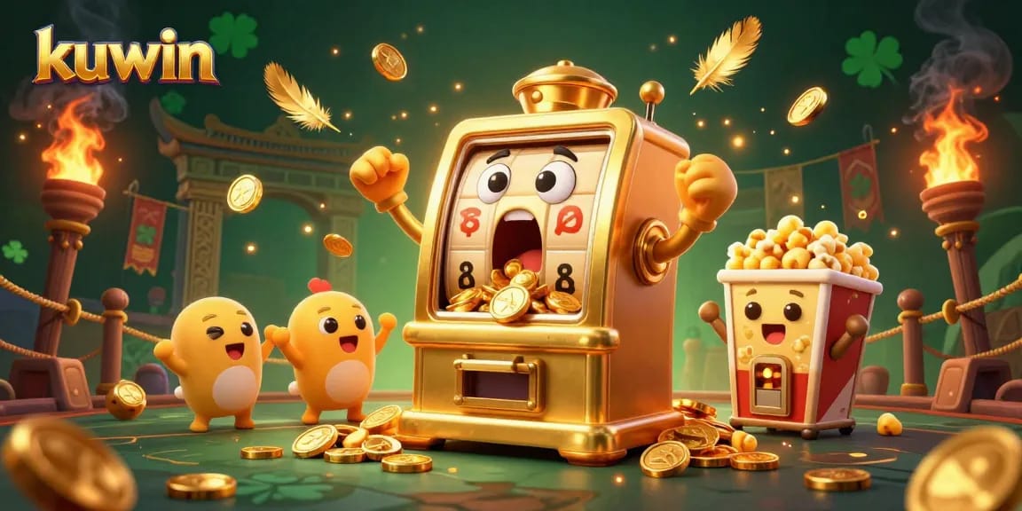 Kuwin slot machine hitting a jackpot with coins cascading, surrounded by cheering baby slots.