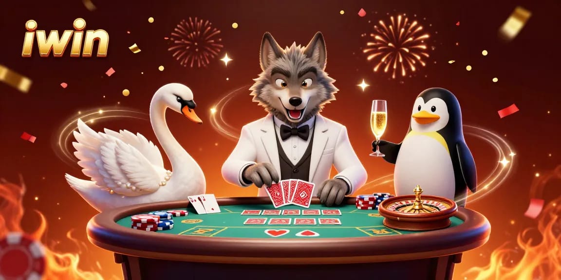 Experience the excitement of iwin casino with animated characters at a vibrant baccarat table.