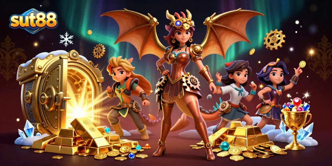 Sut88 engages players with a captivating 3D casino scene filled with treasures and gaming elements.