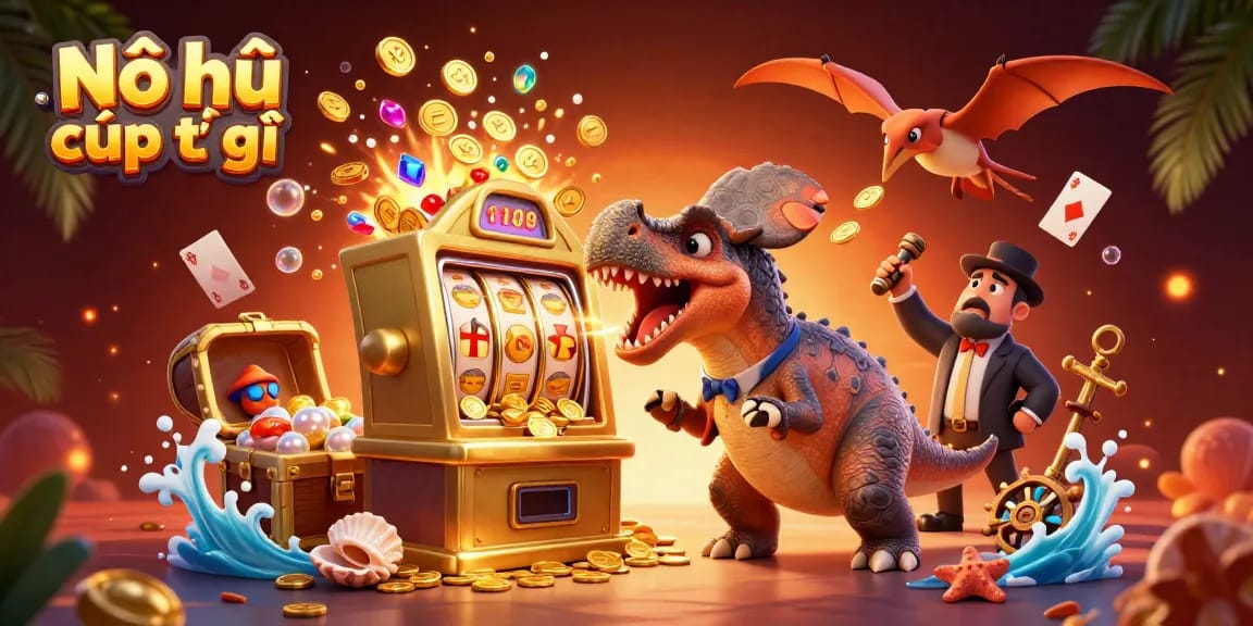 Nổ hũ cúp thế giới: Dynamic casino scene with dinosaurs, gold coins, and slot reels.