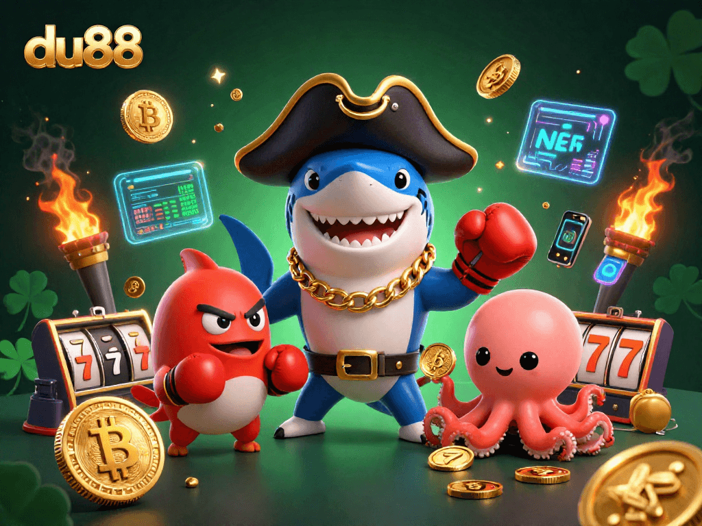 Engage in fun with du88 featuring a pirate shark, pufferfish, and octopus amid casino riches
