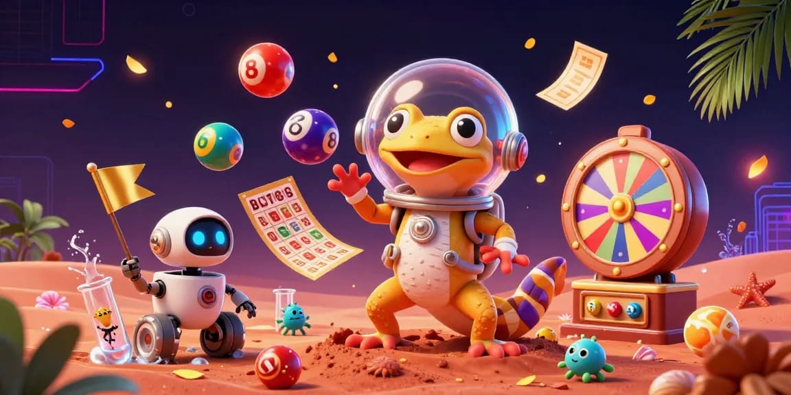 Engage with Say88's vibrant casino scene featuring a Martian gecko discovering golden treasures amidst colorful lottery excitement.