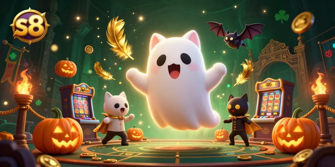 Experience thrilling gameplay at s8 with a ghost cat and vampire bat in a haunted casino.
