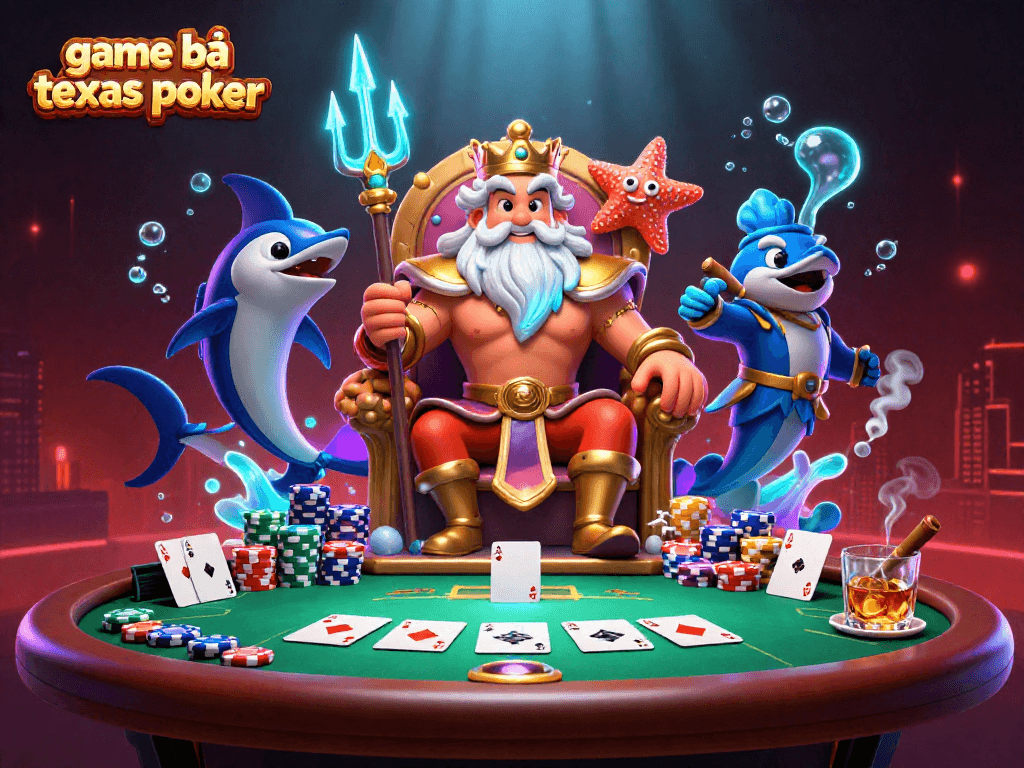 Engage in game bài texas poker with a vibrant 3D scene showcasing Neptune and poker elements.