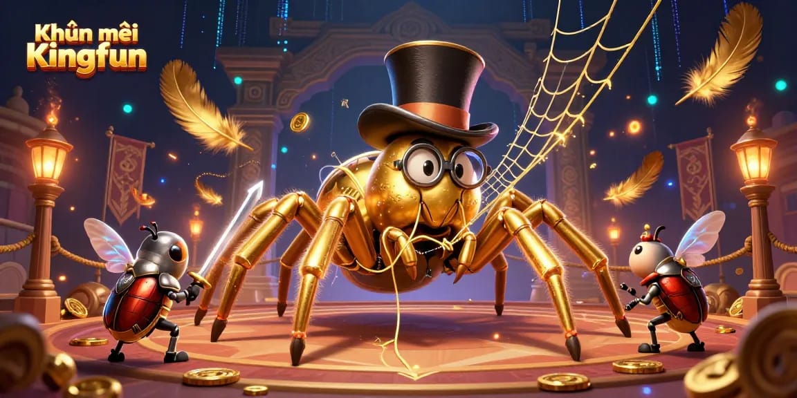 Join the excitement with Khuyến mãi Kingfun as a golden tarantula and beetle knight collide in a vibrant casino world.