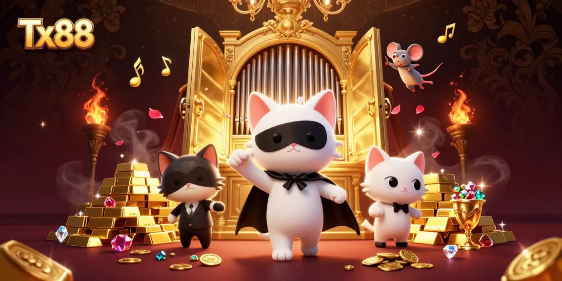 Experience the thrill of Tx88 with a captivating casino scene featuring a phantom cat and treasures.
