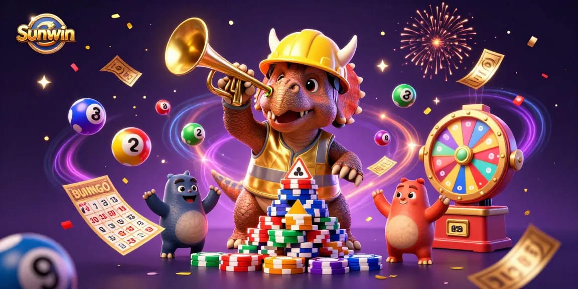 Sunwin casino scene with a triceratops celebrating as colorful lottery balls bounce around in a vibrant atmosphere.
