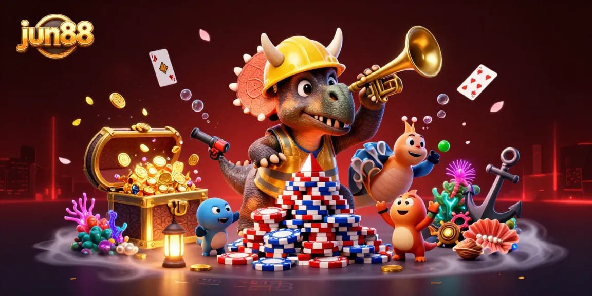 Experience fun gaming adventures with jun88's vibrant casino-themed illustration