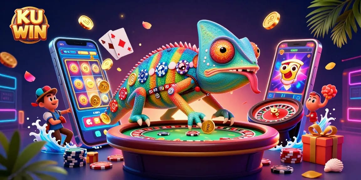 Engage in the excitement of KU WIN with a colorful 3D casino scene bursting with activity.