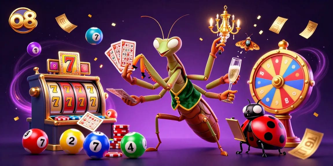 Experience high-stakes action at o8 with a vibrant casino scene featuring slots and lottery elements.