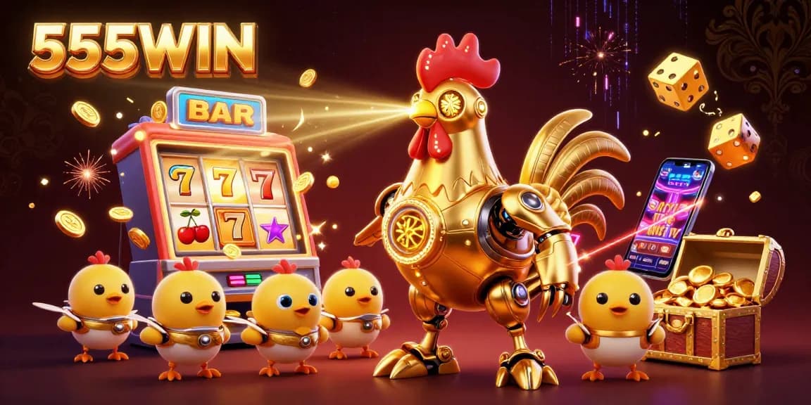 Experience thrilling 555WIN jackpots with a dynamic golden rooster robot and playful chick drones.