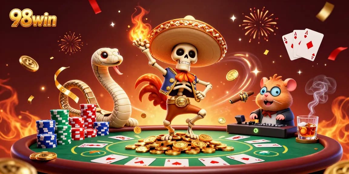 Celebrate wins with 98win at a vibrant casino scene featuring interactive characters and games.