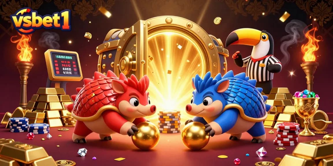 Experience thrilling gameplay with vsbet1 featuring rival pangolins amidst golden treasures and poker chips.