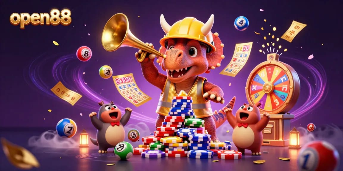 Engage with open88's vibrant gaming scene featuring triceratops and celebratory elements in an animated illustration.