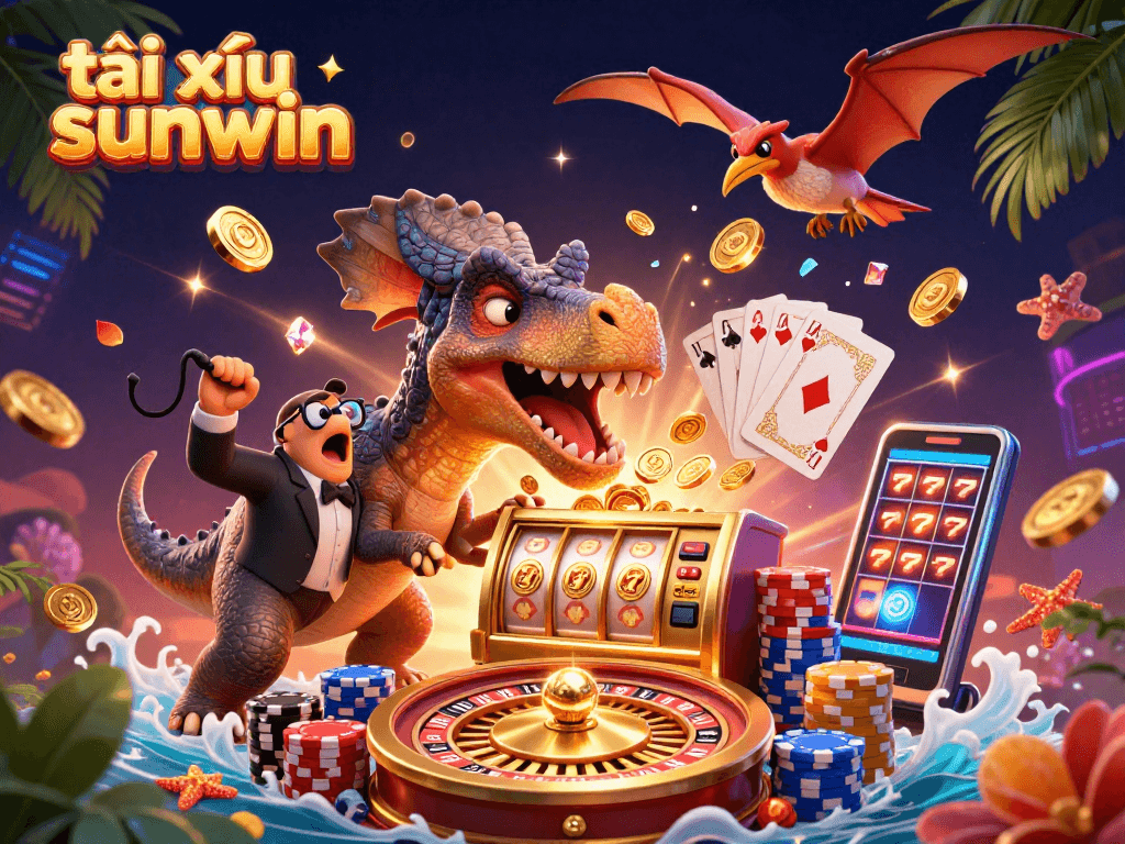 Experience the thrill of tài xỉu sunwin as a dinosaur celebrates a jackpot win amidst flying coins.