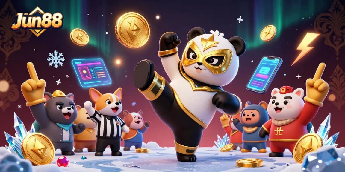 Experience exhilarating action at Jun88 with a panda wrestler kicking and a chihuahua referee amidst vibrant casino scenes.