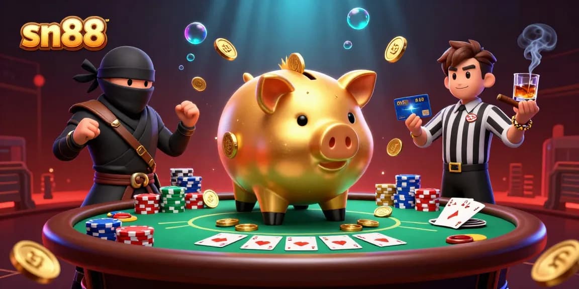 Engage with sn88 in this vibrant casino scene featuring a dynamic piggy bank sumo wrestler and cards.