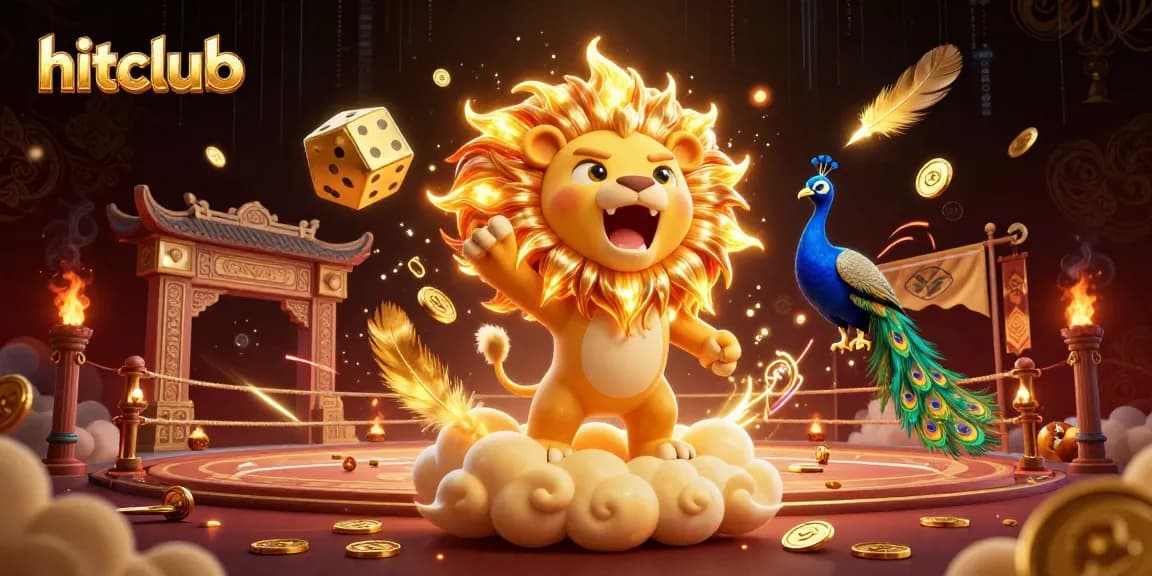 Experience the thrill at hitclub with golden dice and a roaring lion in a vibrant casino scene.