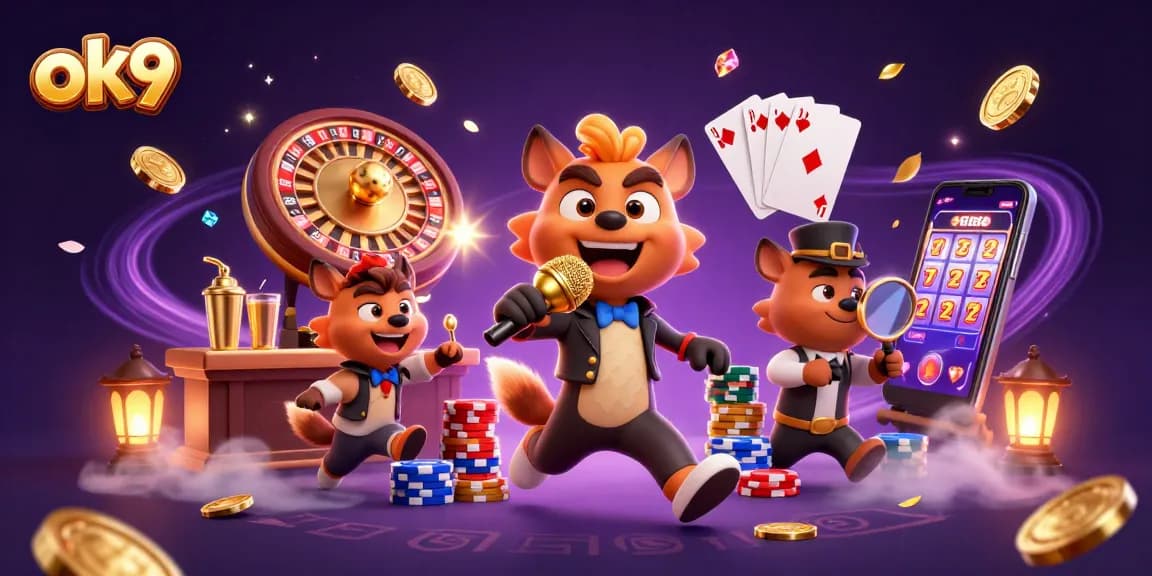 Engage with the thrilling world of ok9 as hyenas entertain in a vibrant casino scene.
