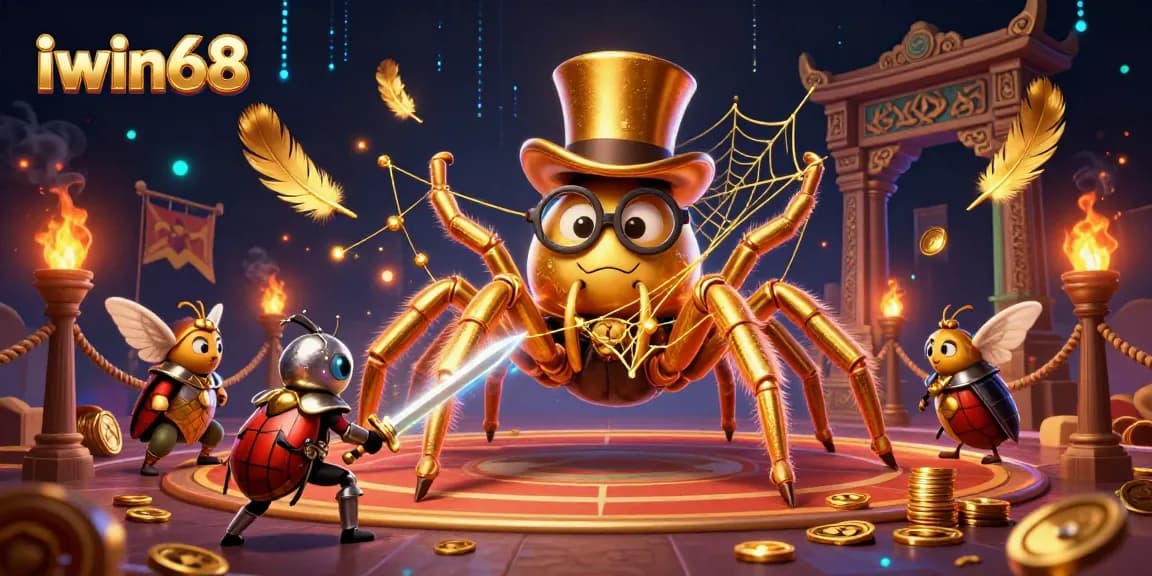 A brave beetle knight faces off against a golden tarantula in a vibrant iwin68 casino scene.