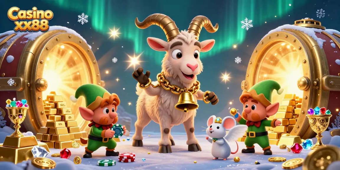 Engage in the excitement of Casino xx88, showcasing a Krampus goat, angel mouse, and gremlin characters in a vibrant casino scene.