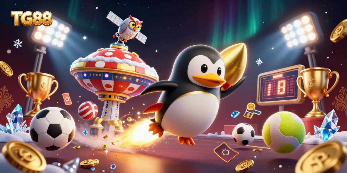 Experience the thrill with TG88's golden penguin launching into casino fun amidst floating sports elements.