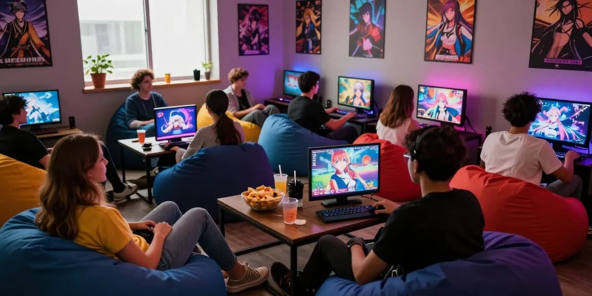 Friends enjoying hentai games together in a colorful gaming lounge