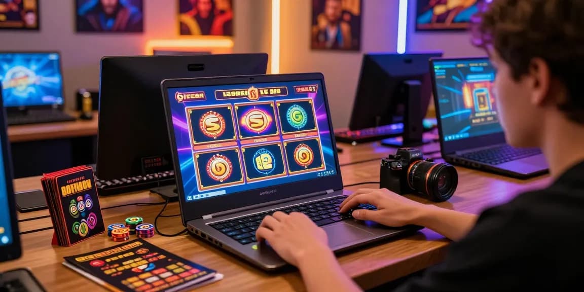 Player enjoying slot gacor games at a vibrant gaming desk, showcasing excitement and community.
