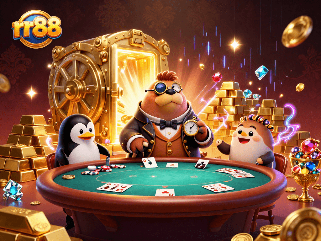 rr88 poker scene with a walrus and penguin dealer amidst sparkling jewels and treasure.