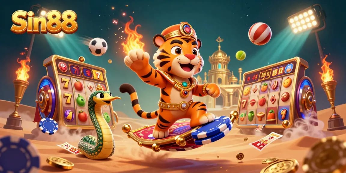 Engage with Sin88's dynamic casino atmosphere featuring a vibrant Arabian-themed scene with slots and sports elements.