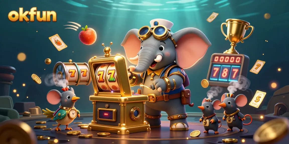 Spin the golden slot machine with okfun and win big in this vibrant casino scene.