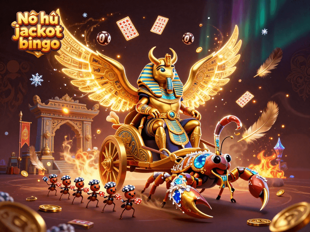Engage in Nổ hũ jackpot bingo with a dynamic scene of bingo cards and festive elements.