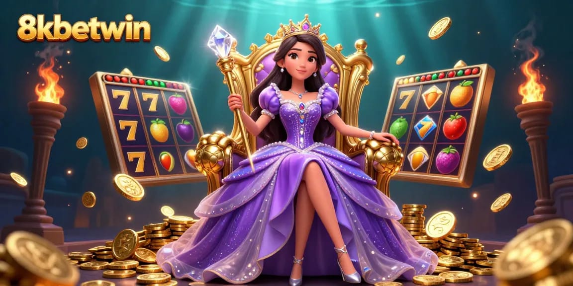 Experience thrilling slots with 8kbetwin, featuring a glamorous princess alongside dynamic jackpot elements.