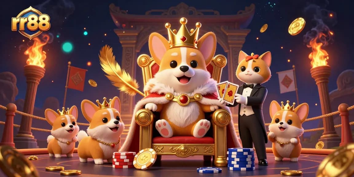 Experience thrilling gameplay at rr88 featuring a royal corgi on a throne of poker chips surrounded by dynamic gambling elements.
