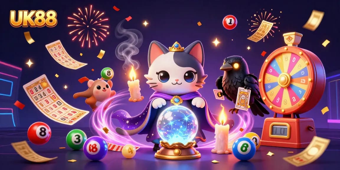 Engage with UK88 gaming magic featuring mystical characters, lottery elements, and vibrant celebration.