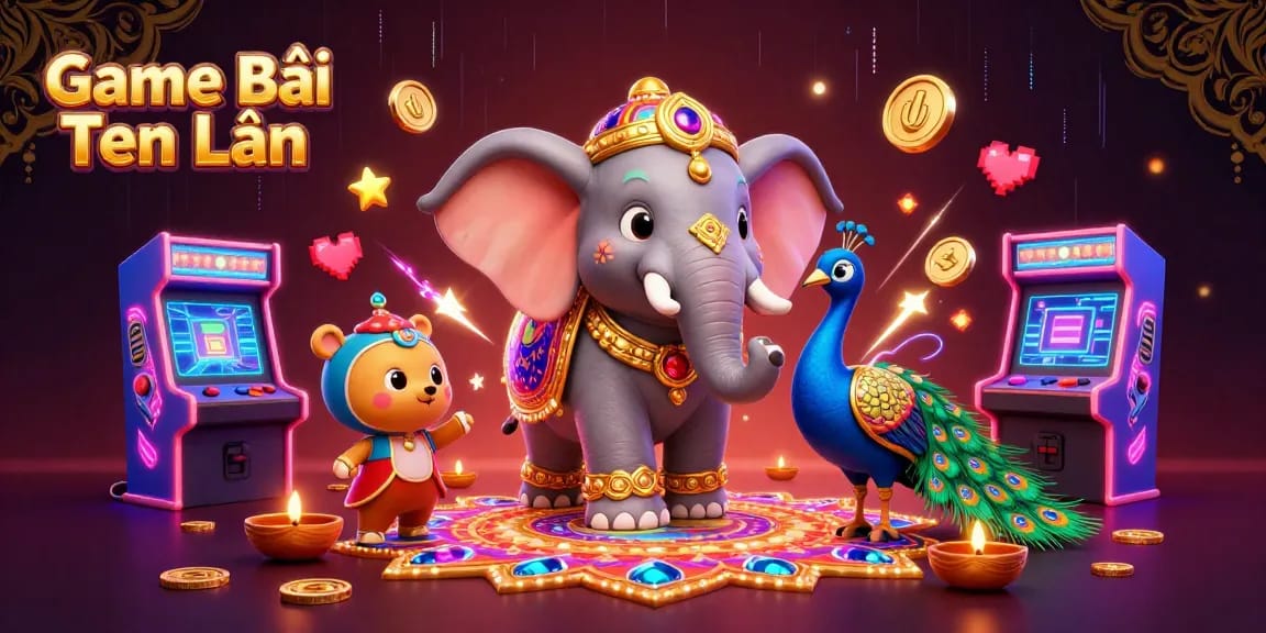 Engage in the vibrant action of Game Bài Tiến Lên with a rich, colorful 3D casino-inspired illustration.
