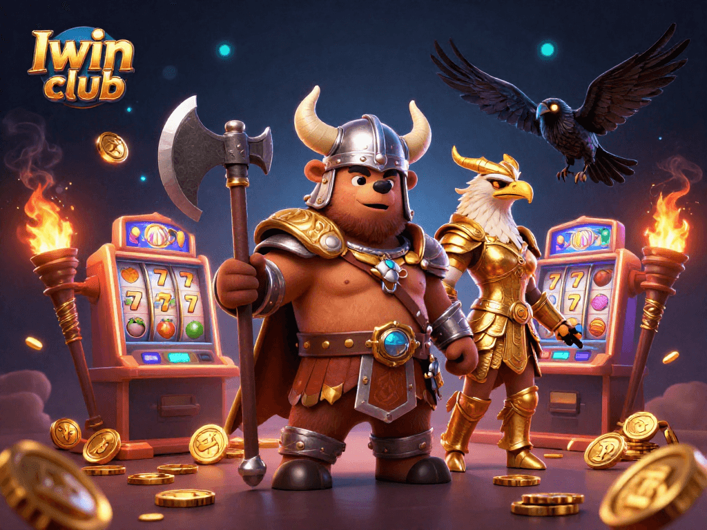 Iwin club brings vibrant slot gaming alive with Viking and Valkyrie characters amidst an enchanting casino scene.