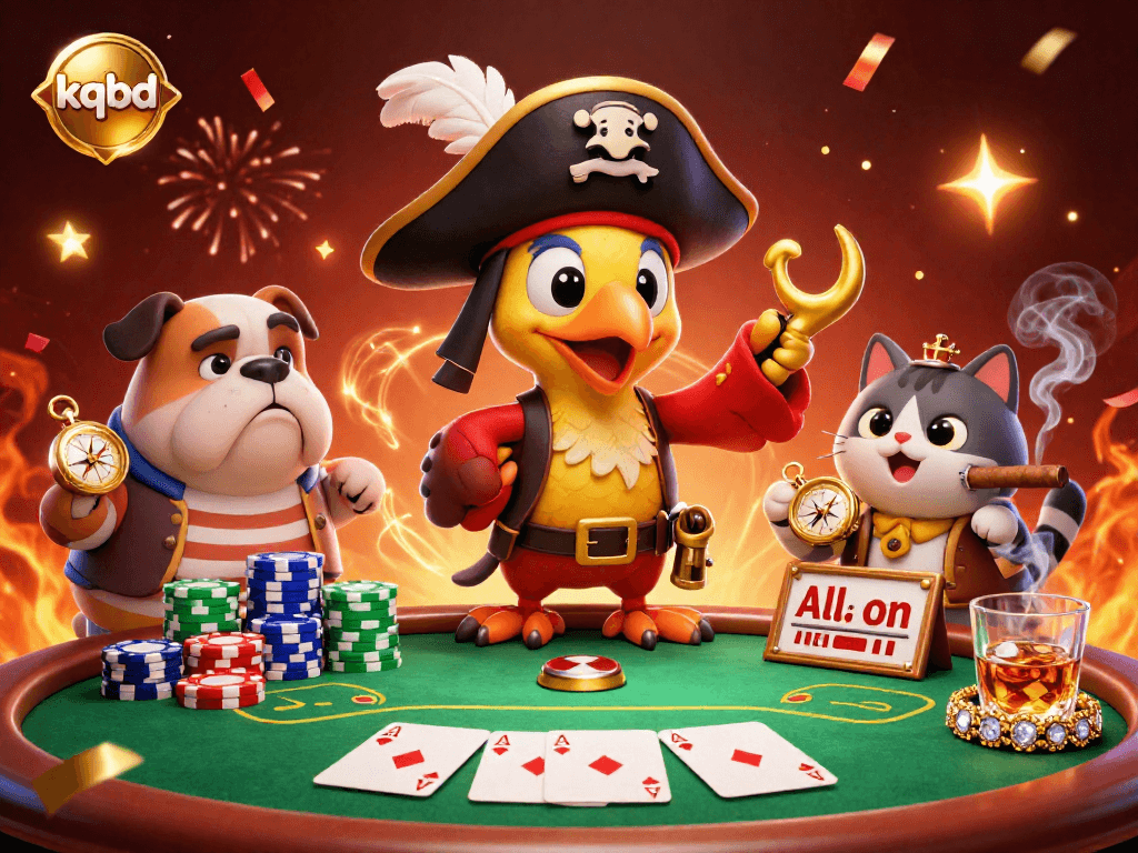 Bet on kqbd’s poker table with a pirate captain, bulldog, and cat in a colorful casino scene.