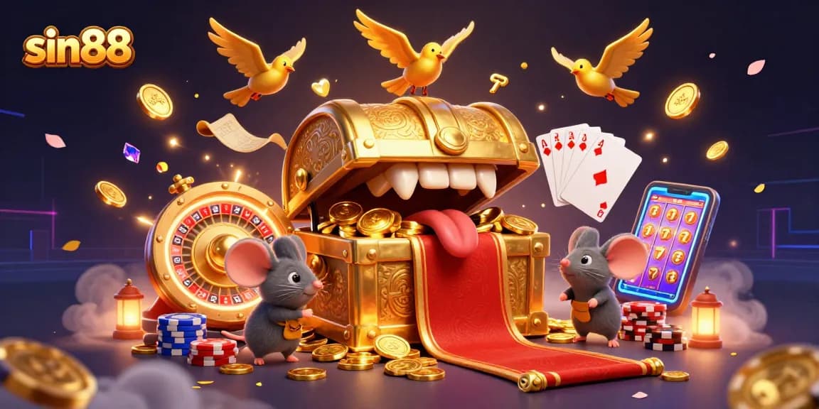 Experience sin88 adventure with treasure-filled mice and dazzling casino elements in this vibrant illustration.