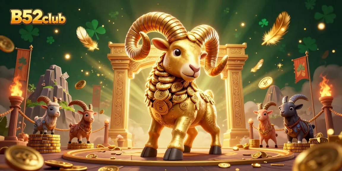 B52club showcases a golden ram charging at a vibrant casino scene with dynamic game elements.