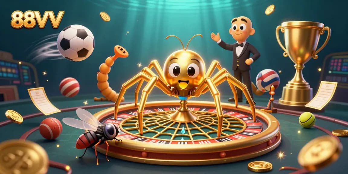 88VV players engaging with a golden roulette wheel while a spider spins, exuding excitement and action.
