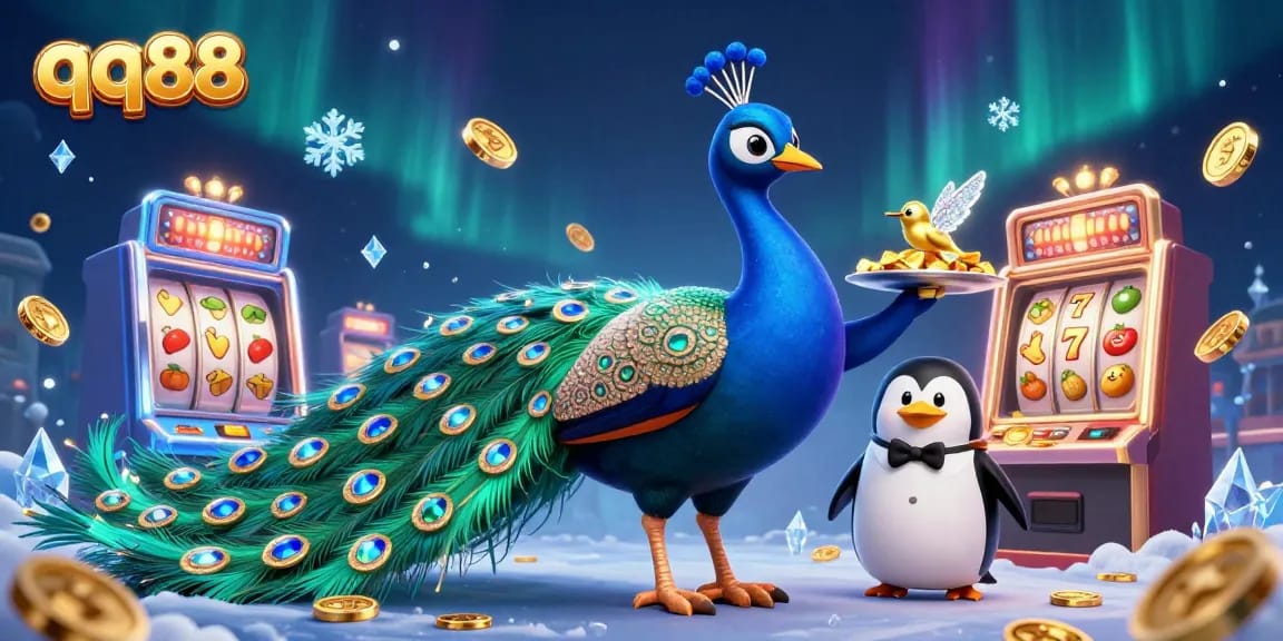 Experience thrilling slot adventures with QQ88's dazzling 3D illustration featuring a peacock, penguin, and breathtaking gems.