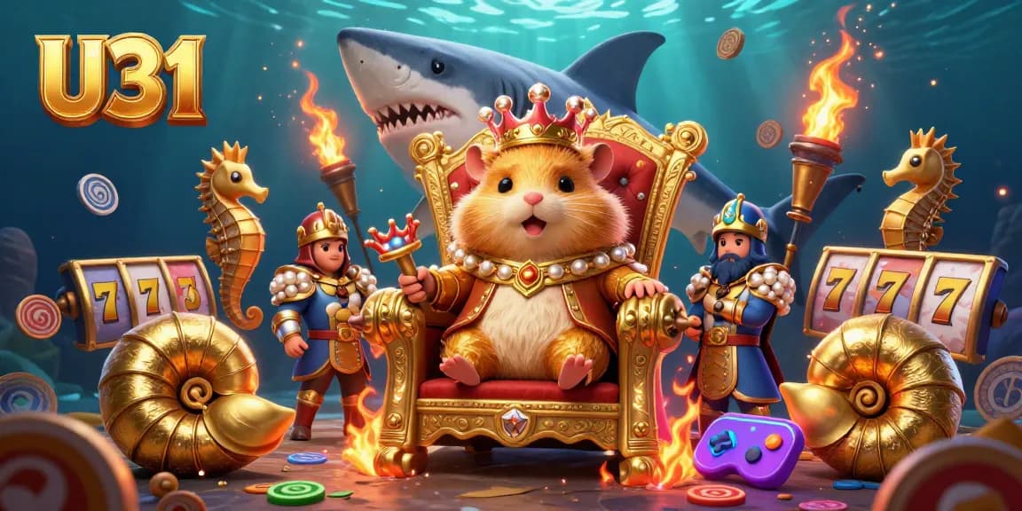 Experience U31's vibrant casino atmosphere with a golden hamster king on a megalodon throne amidst slot machines and magical gaming elements.