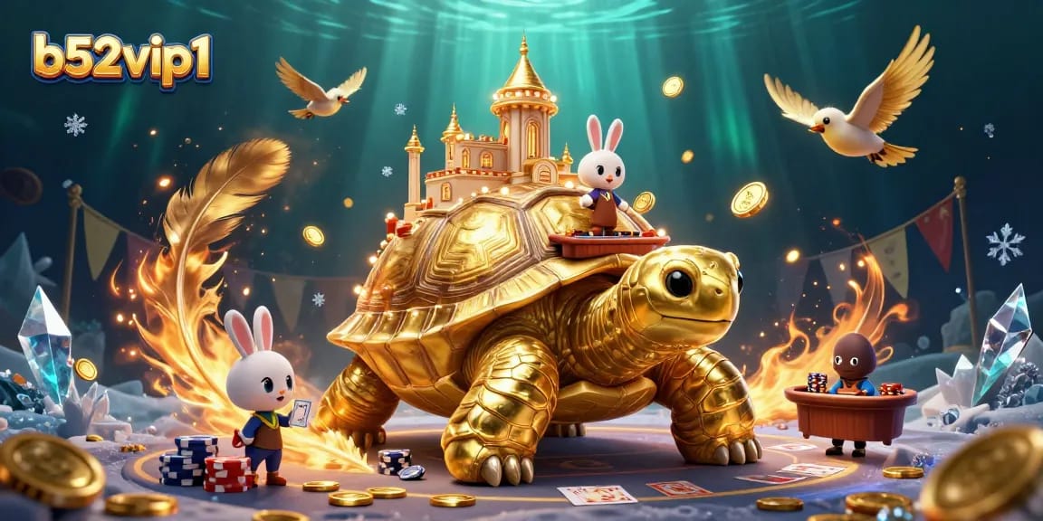 Engage in exciting gameplay at b52vip1 featuring a vibrant casino scene with golden tortoise and rabbit dealer.