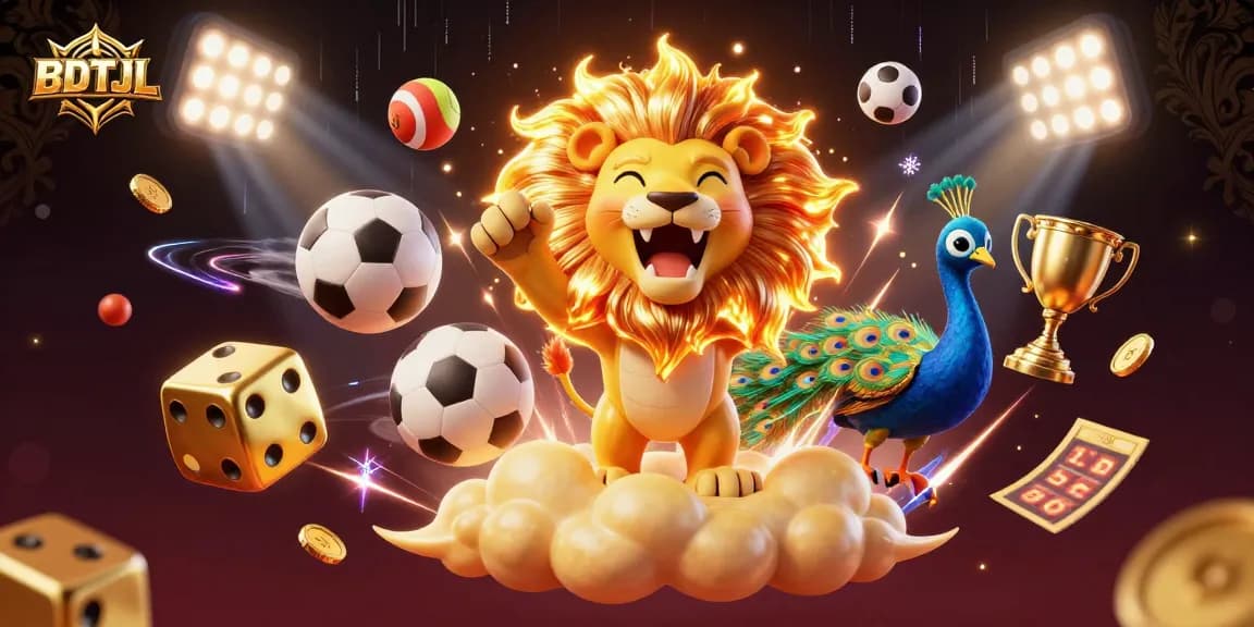 Engage in thrilling casino vibes with BDTJL as a dynamic sun lion roars amidst vibrant games.