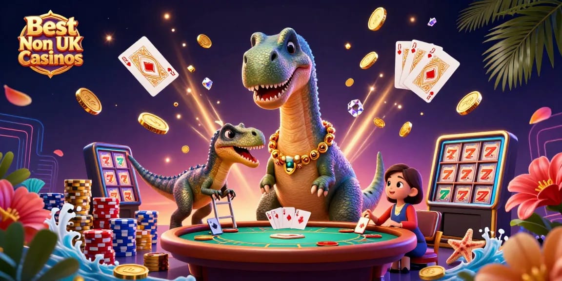 Engage with the thrill at Best Non UK Casinos where a brontosaurus and raptor deal cards in a vibrant casino scene.